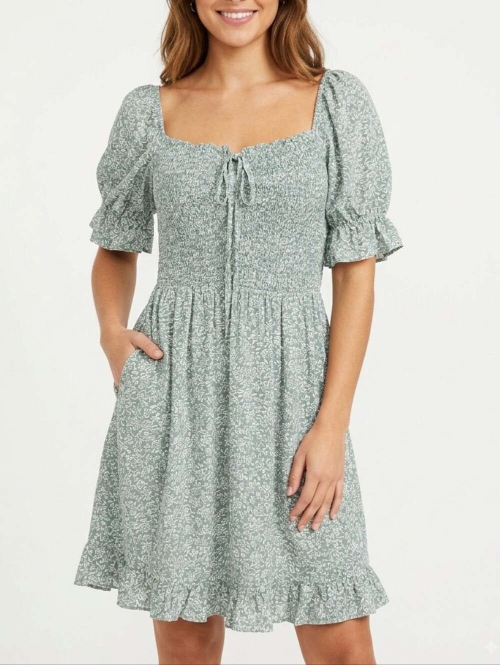 Angeleye Sage Green Floral Puff-Sleeve Dress with Tie Front